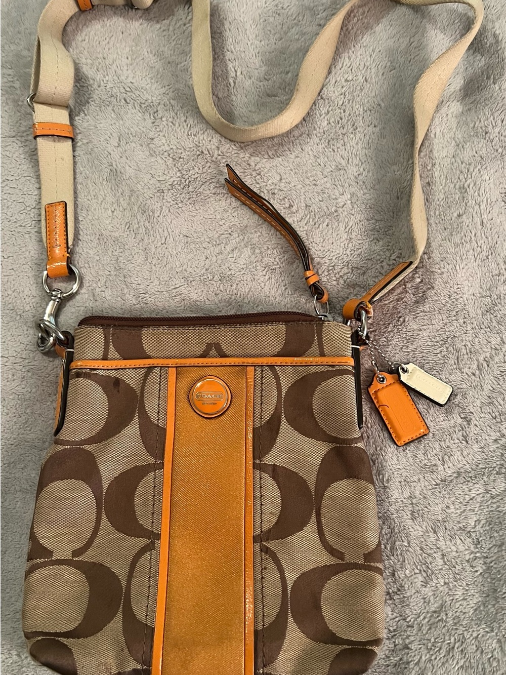 Coach Brown Signature Crossbody with Orange Trim